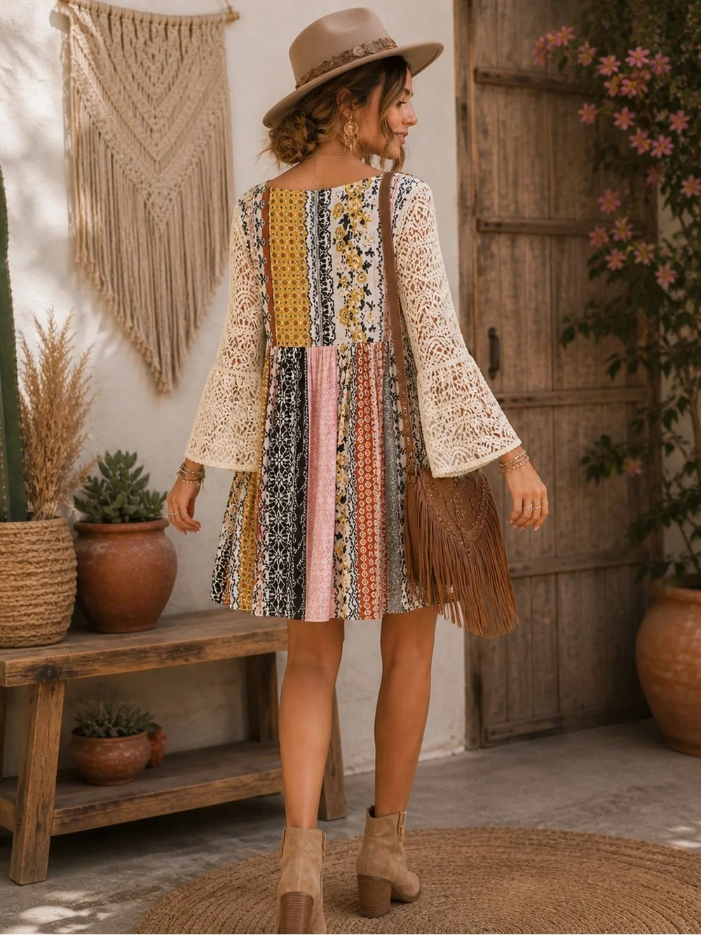 Boho Patchwork Lace Sleeve Mini Dress Bell Sleeve Bohemian Boutique Dress Size - Picture 2 of 6